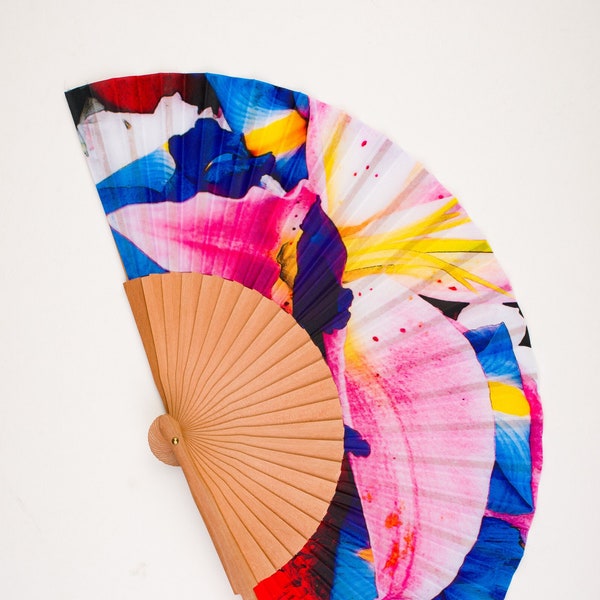 Wood and fabric fan. Modern fan. Handmade fan. Gift for her. Spanish fan. Summer fashion accessories. Art Nouveau style. Pink flowers.
