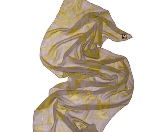 Silk Crepe Shawl or Foulard Scarf for women. Ecoprint or botanical print made entirely by hand by me. One of the kind. 67" x 19.3"