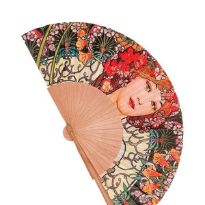 Wood and fabric fan. Modern fan. Handmade fan. Gift for her. For girlfriend. Spanish fan. Summer fashion accessories. Art Nouveau style.