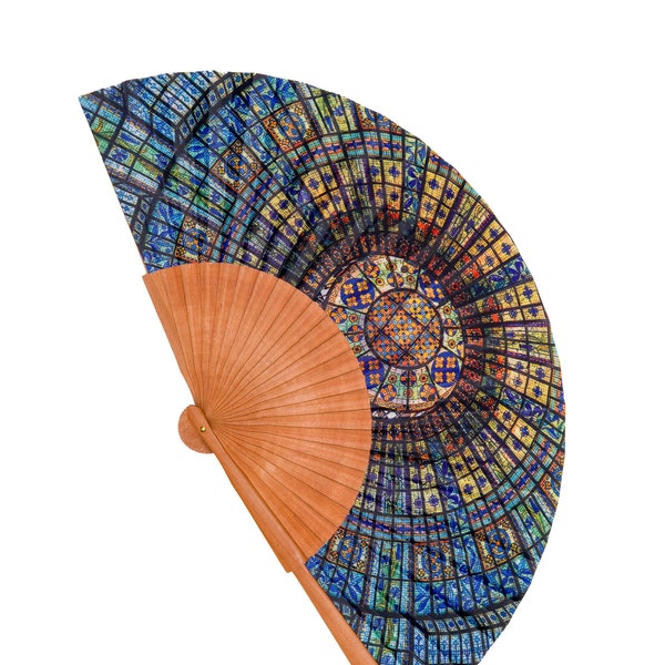 Wood and fabric fan. Modern fan. Handmade fan. Gift for her. For girlfriend. Spanish fan. Summer fashion accessories. Art Nouveau style.