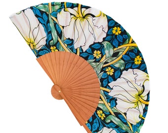 Wood and fabric fan. Modern fan. Handmade fan. Gift for her. For girlfriend. Spanish fan. Summer fashion accessories. Art Nouveau style.