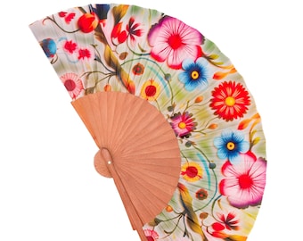 Folding handheld fan full of color made of Wood and Artificial Silk, handcrafted in Spain. Art Nouveau style. Perfect gift to cool off