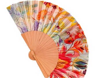 Folding handheld fan full of color made of Wood and Artificial Silk, handcrafted in Spain. Art Nouveau style. Perfect gift to cool off