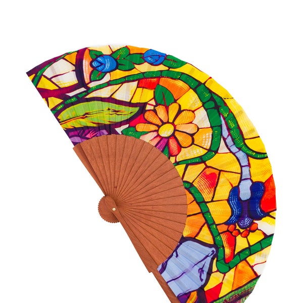 Abanico lleno de color de Madera y Seda artificial hecho a mano en España. Estilo Art Nouveau. Regalo perfecto para el calor del verano.