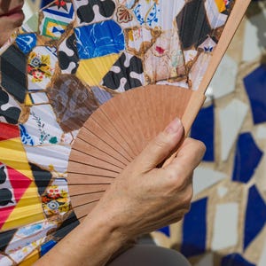 Moderner Fächer, eleganter Fächer, spanischer Fächer, Fächer aus Holz und Seide, bunter Fächer, ideales Geschenk für die Sommerhitze