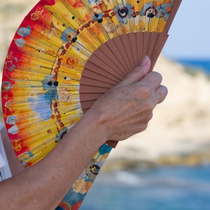 Folding Hand Fan, Spanish Hand Fan, Wood and Silk-like Fabric Fan, handcrafted in Spain, Modern style, Summer Fan, Perfect gift to cool off
