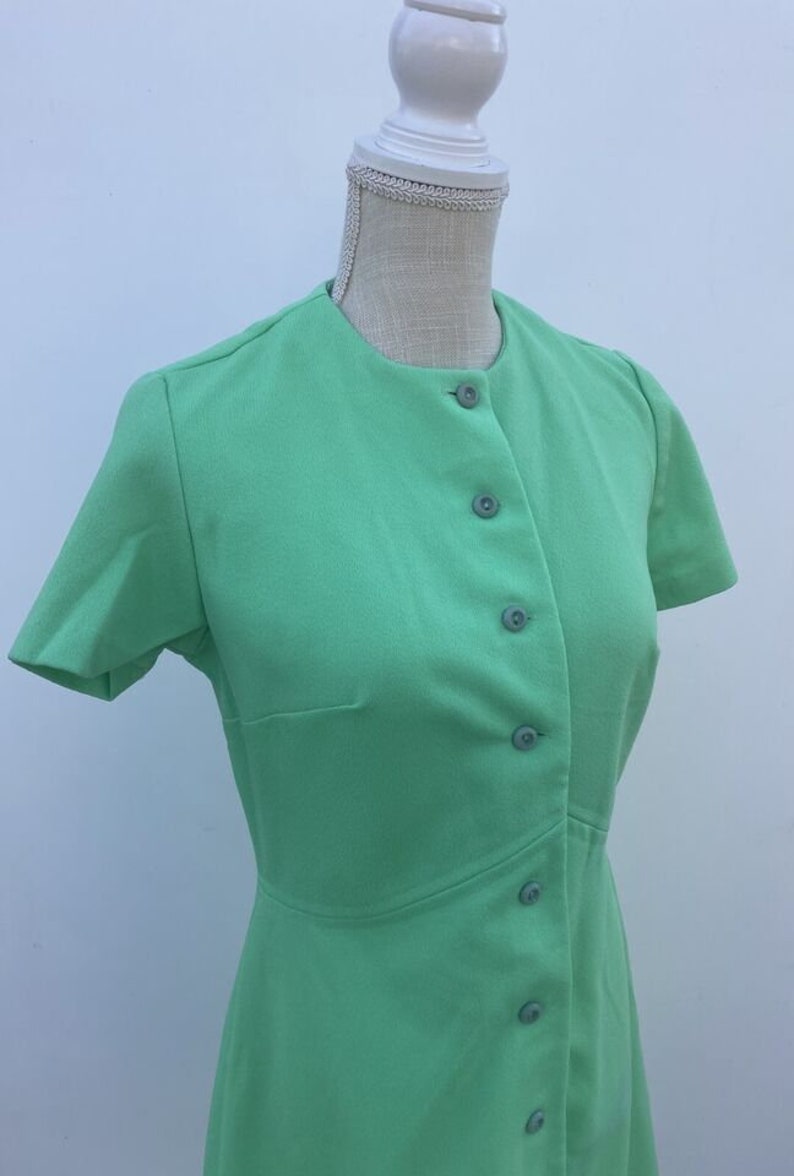 Vintage 60s 70s Knit Green Dress Mod Secretary Groovy M Button Retro image 8