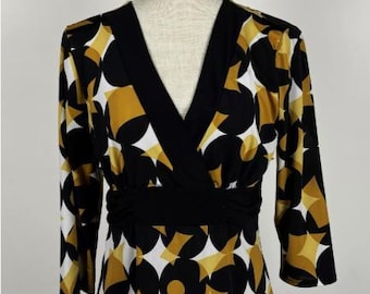 Women's Size M Vintage Blouse Black Yellow 3/4 Sleeve Geometric Knit Mod 80s