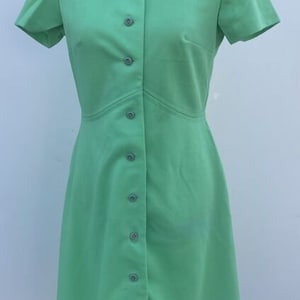 Vintage 60s 70s Knit Green Dress Mod Secretary Groovy M Button Retro image 1