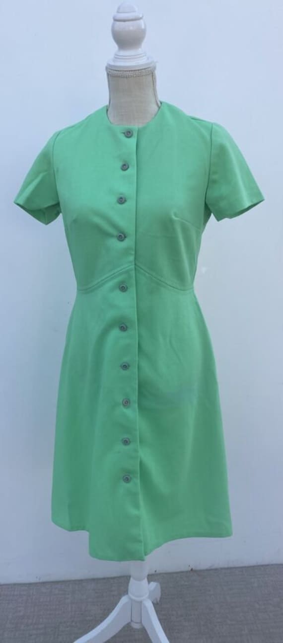 Vintage 60s 70s Knit Green Dress Mod Secretary Gr… - image 1