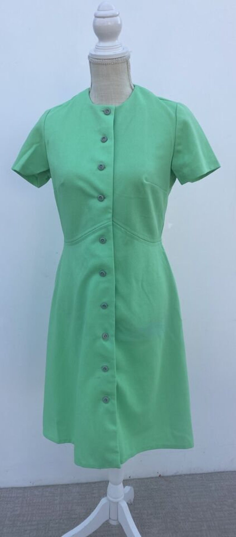 Vintage 60s 70s Knit Green Dress Mod Secretary Groovy M Button Retro image 1