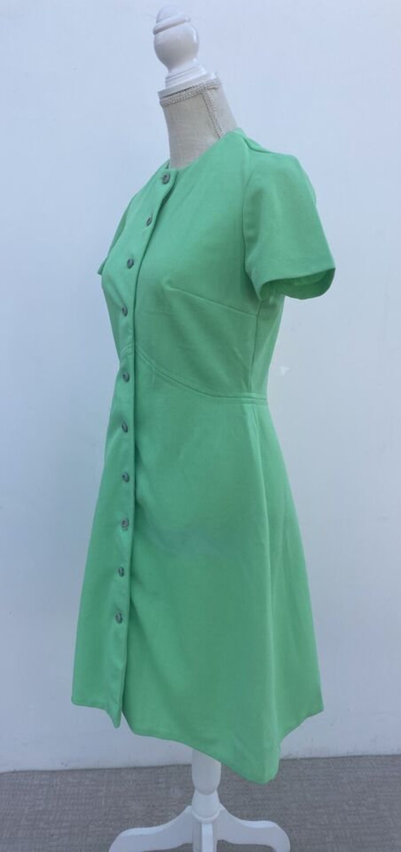 Vintage 60s 70s Knit Green Dress Mod Secretary Groovy M Button Retro image 3