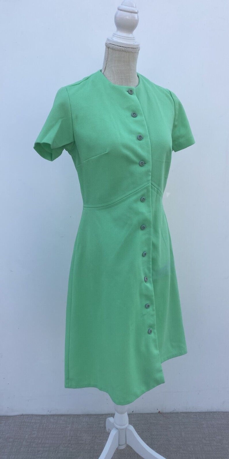 Vintage 60s 70s Knit Green Dress Mod Secretary Groovy M Button Retro image 6