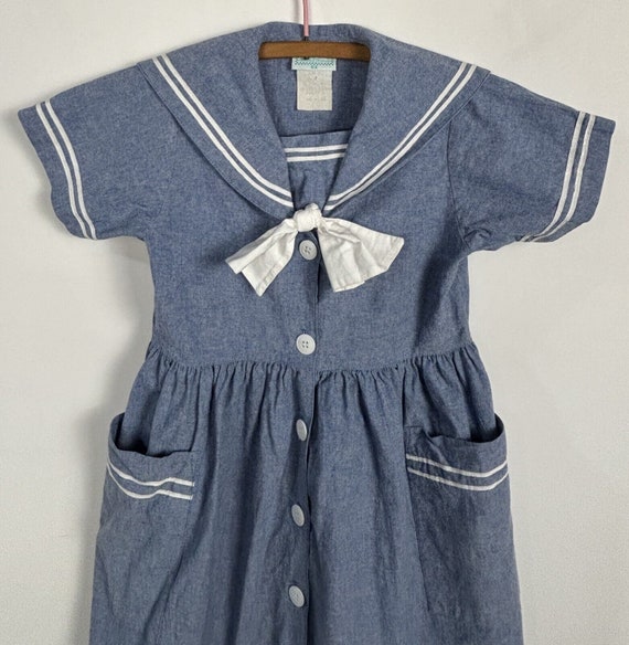 Vintage Girls Blue Denim Style Sailor Dress Nauti… - image 9