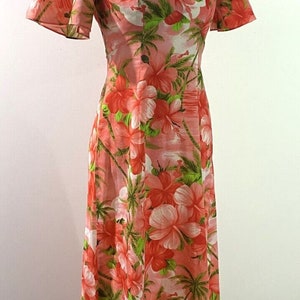 Vtg 60s HAWAII Flower Power Hawaiian Polynesian Wedding Maxi Dress S Royal Pink
