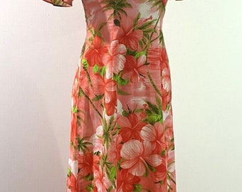 Vtg 60s HAWAII Flower Power Hawaiian Polynesian Wedding Maxi Dress S Royal Pink