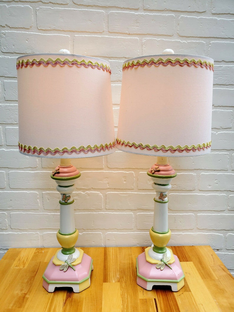 Pair Pink Girls Bedroom Table Lamps Dragonflies Playroom Nursery