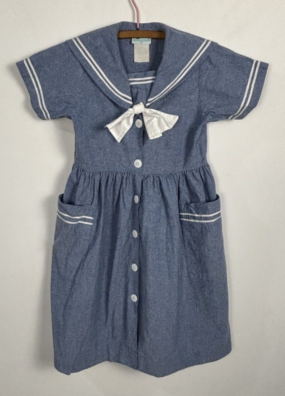 Vintage Girls Blue Denim Style Sailor Dress Nauti… - image 4