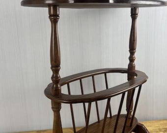 Vintage Oak Oval Side Table Magazine Rack Storage Shelf Wood Farmhouse 24"H