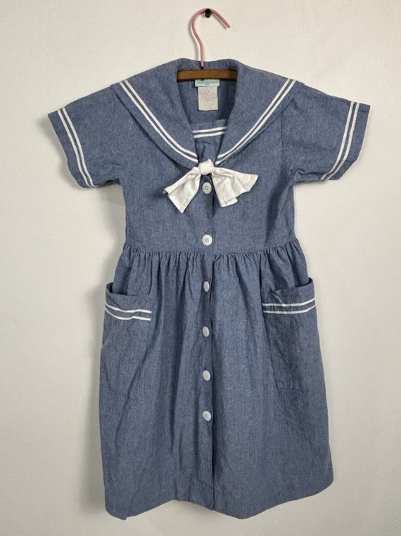 Vintage Girls Blue Denim Style Sailor Dress Nauti… - image 1