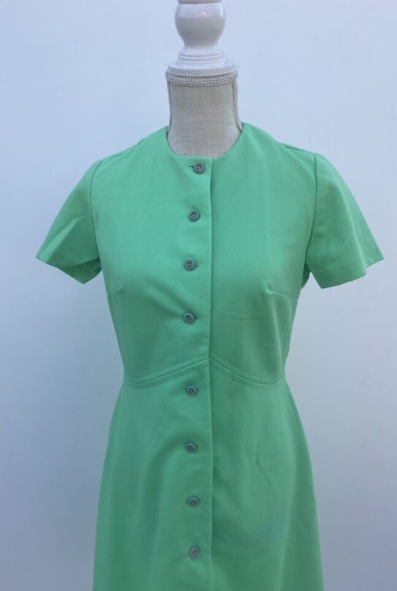 Vintage 60s 70s Knit Green Dress Mod Secretary Gr… - image 4