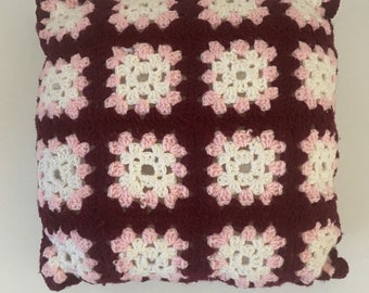 Vintage Pillow Handmade Crochet Knit 16" Boho Granny Pink & Maroon Retro
