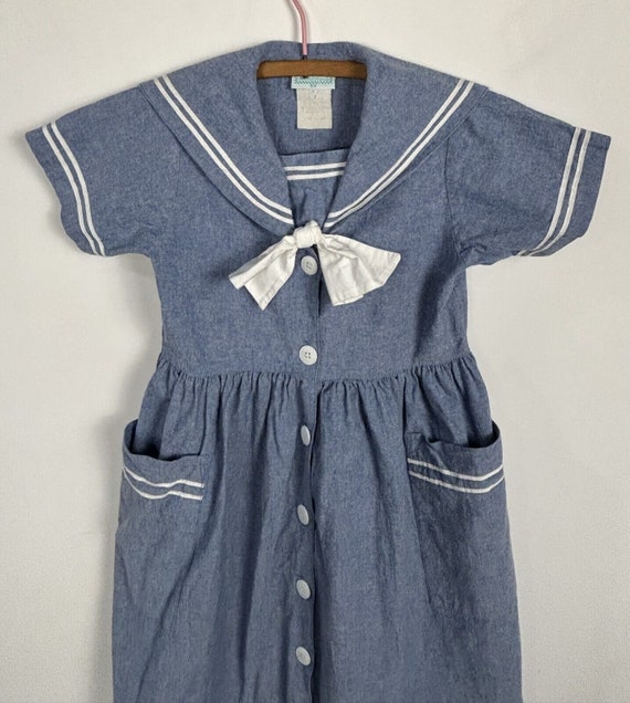 Vintage Girls Blue Denim Style Sailor Dress Nauti… - image 8