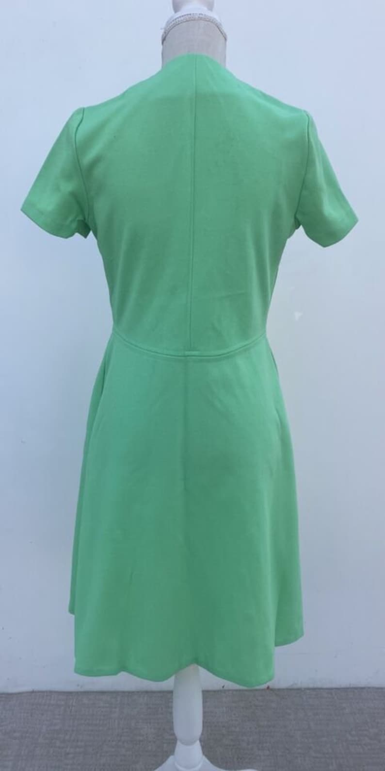 Vintage 60s 70s Knit Green Dress Mod Secretary Groovy M Button Retro image 2