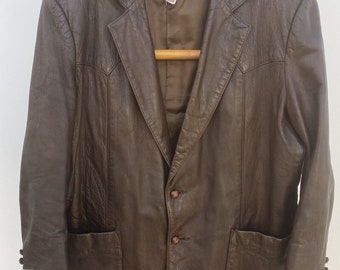 Vintage 100% Leather Jacket XL Lined Blazer Button Soft Retro 70s Disco 44R