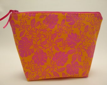 Flat Bottom Zipper Pouch - Large (Orange Pink Hawaiian Print)