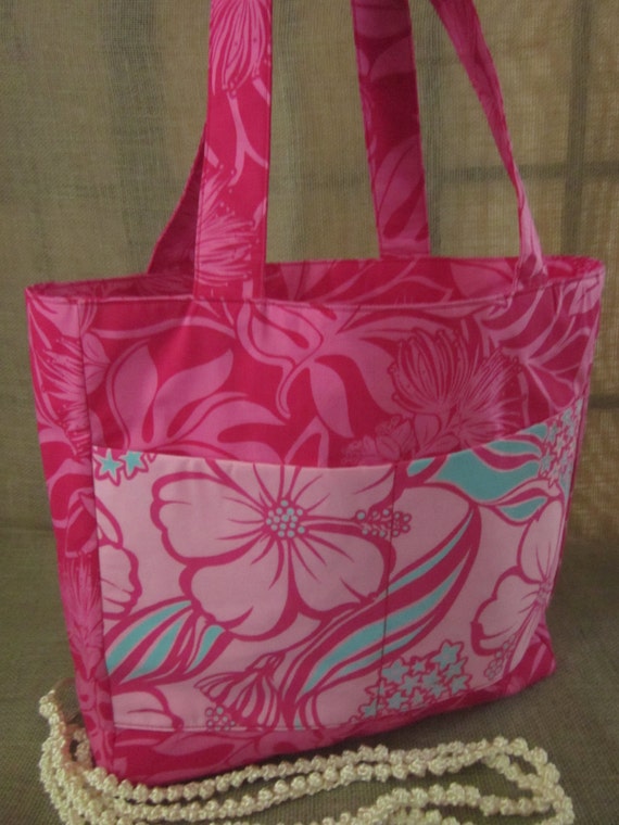 Pocket Tote Bag Pink Hawaiian Print | Etsy