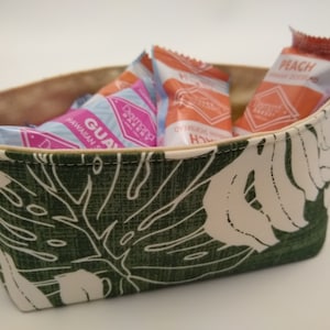 4.5" x 3" x 2.5" Collapsible Fabric Basket / Monstera Leaves in Green