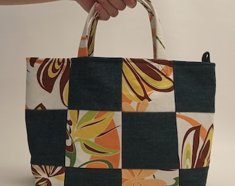 Patchwork Tote - Small (Hawaiian Print with Denim)