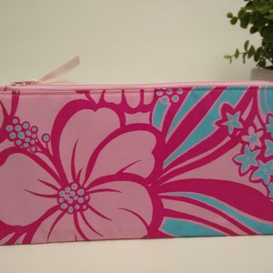 Flat Pencil Pouch (Pink Hibiscus / Blue Stars)