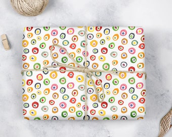 Holiday Watercolor Wrapping Paper of Colorful Circles on White, Abstract Pattern Wrap Paper for Gifts, Modern Gender neutral gift wrap