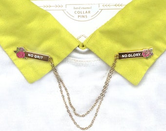 Gold Bars Collar Pins with Gold Chain, No Grit No Glory Words Accessory in Gold Plated Hard Enamel, Enamel Roses Sin Set