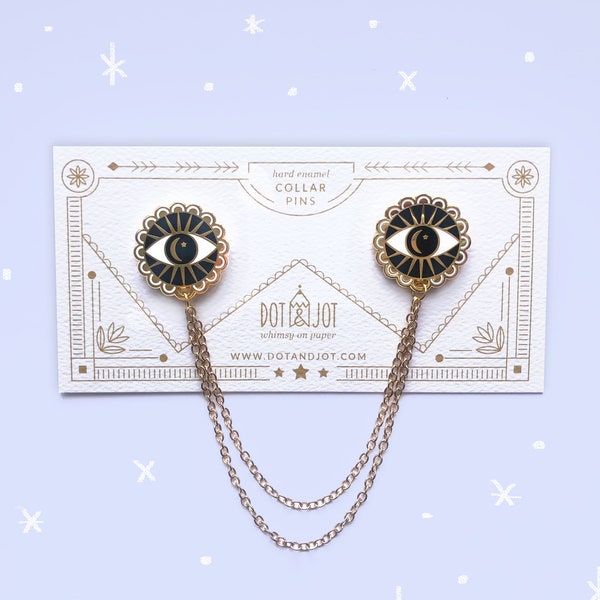Evil Eye Collar Pins Set with Chain, Celestial Gold and Black Eyes Email Pins, Cosmic Dark Magic Pin Accessory, Matching Pins Gift