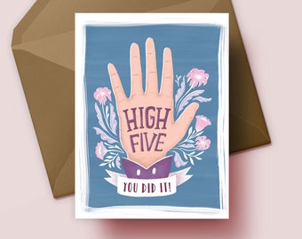 High Five Congrats Card for Graduate, Floral Congratulations Greeting Card, Purple Congrats Card for Her,  Blank Greeting Card