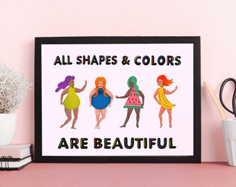 Body Positive Art Print Illustration for Girls, Body Shapes as Fruits, Colorful Art Gift for mother's Day,