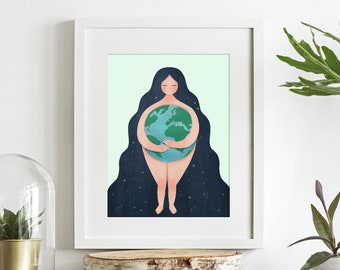 Earth Mother Art Print Illustration,  Celestial Woman holding Earth Globe, Wall Art Gift for her, Strong Female Poster