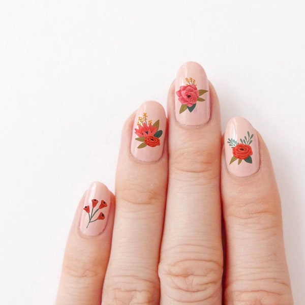 Floral Nail Decal Sheet, Feminine Flowers Water Slide Nail Art for Girls, Botanical Nail Stickers, Colorful Nail Tattoos for DIY Manicure