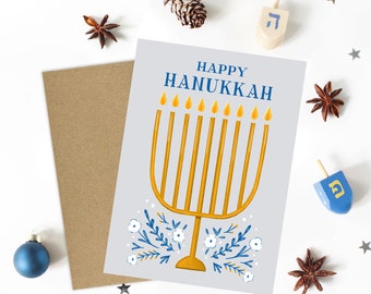 Hanukkah Menorah Card in Gold and Blue with Florals, Illustrated Candle Menorah for Jewish Holiday