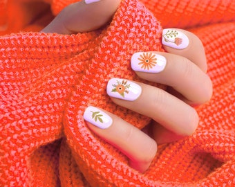Autumn Flowers Nail Decal Sheet, Trendy Fall Water Slide Nail Art, Orange Floral Nail Stickers, Colorful Nail Tattoos for DIY Manicure