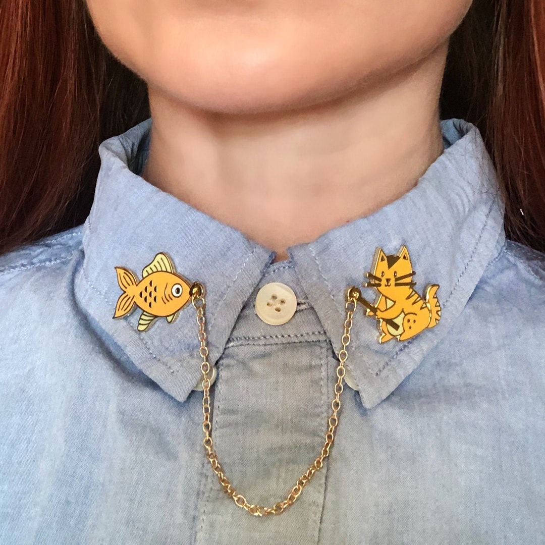Cat Collar Pins With Chain Cat Fish Enamel Pins Set Gold Etsy
