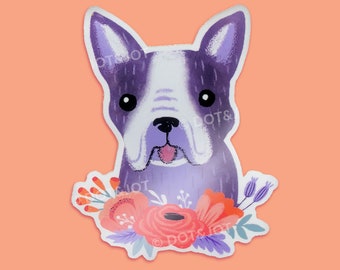 French Bulldog Breed Sticker with Flowers, Purple Frenchie Waterproof Decal for Laptop, Floral Puppy Vinyl Sticker