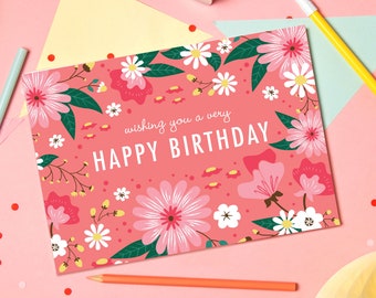 Pink Floral Birthday Card for Her with Illustrated Flowers, Blank A6 Feminine Greeting Card for her bday