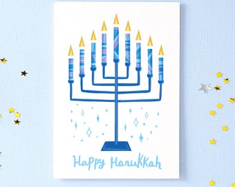 Modern Hanukkah Menorah Greeting Card in Blue, Geometric Illustrated Lit Candles for Jewish Holiday Greetings