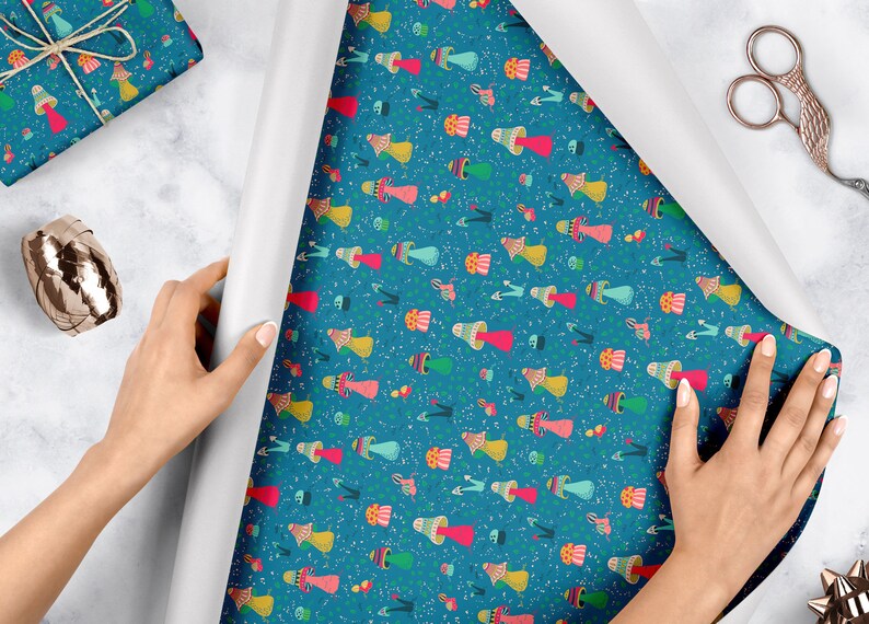 Mushroom Wrapping Paper Roll for Holiday Gifts on blue background Gender Neutral Whimsical Wrapping Paper Roll of 3 sheets