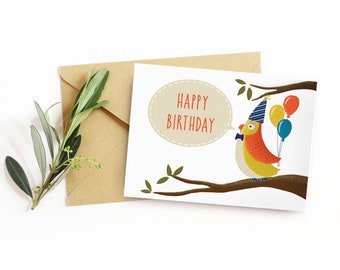 Quirky Bird Birthday Card for Kid, Happy Birthday Blank A6 card, Illustrated bird on branch birthday party card