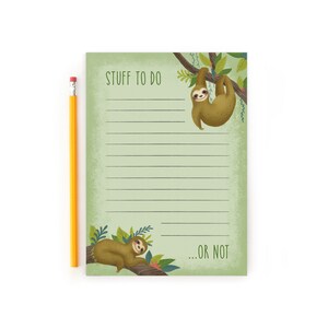 Sloths To-Do Notepad for Daily Lists, Illustrated Cute Sloths in Green Fauna on lined Memopad, Whimsical Stationery Gift for Productivity image 1